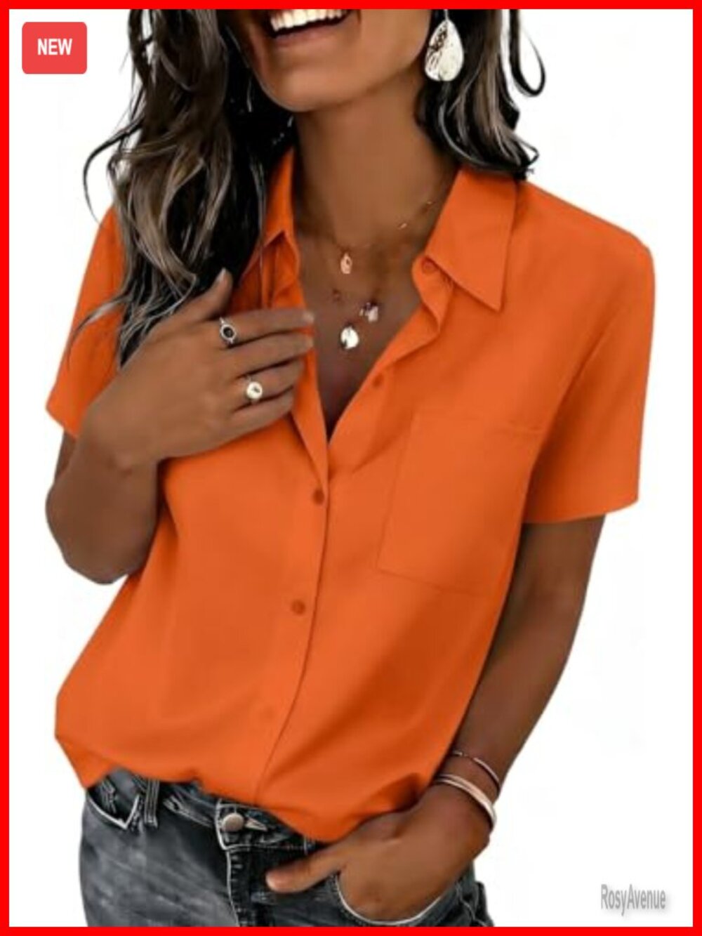 Women Short Sleeve Button Down V Neck Blouse Polyester Spandex Business Casual